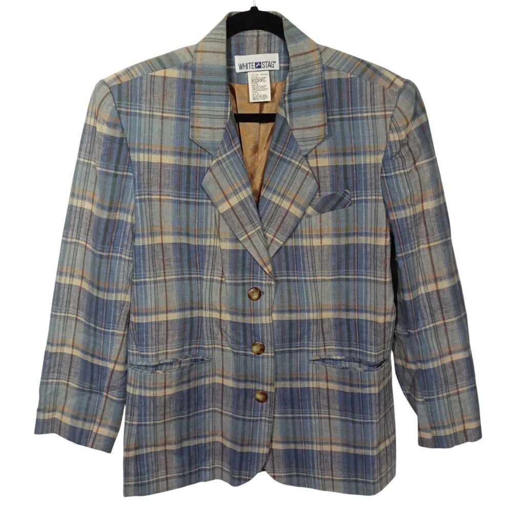 White Stag Jacket Womens Linen Blazer Lined Plaid 8 Old Money Classic Workwear